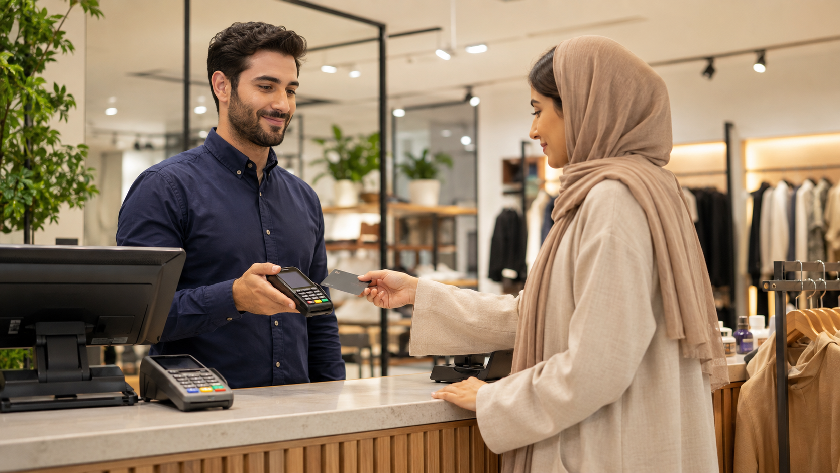 فروشنده در فروشگاه ایرانی با کارتخوان سیار در دست و کارتخوان ثابت روی پیشخوان