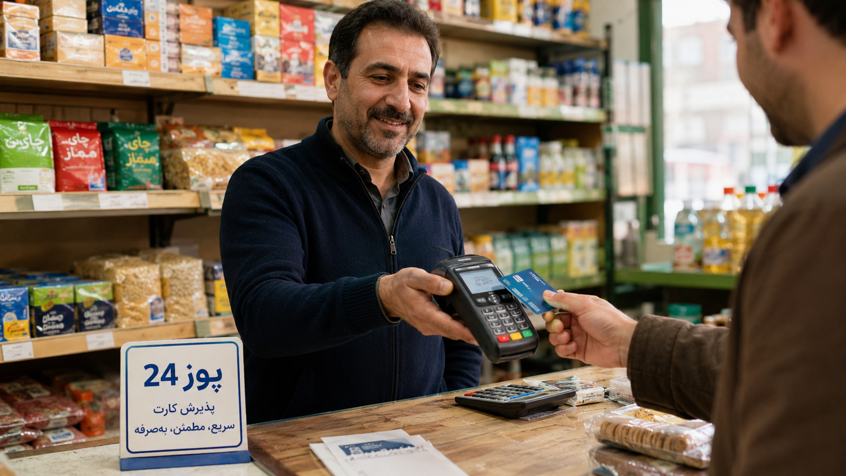 فروشنده ایرانی در حال استفاده از کارتخوان سیار فعال شده پوز ۲۴